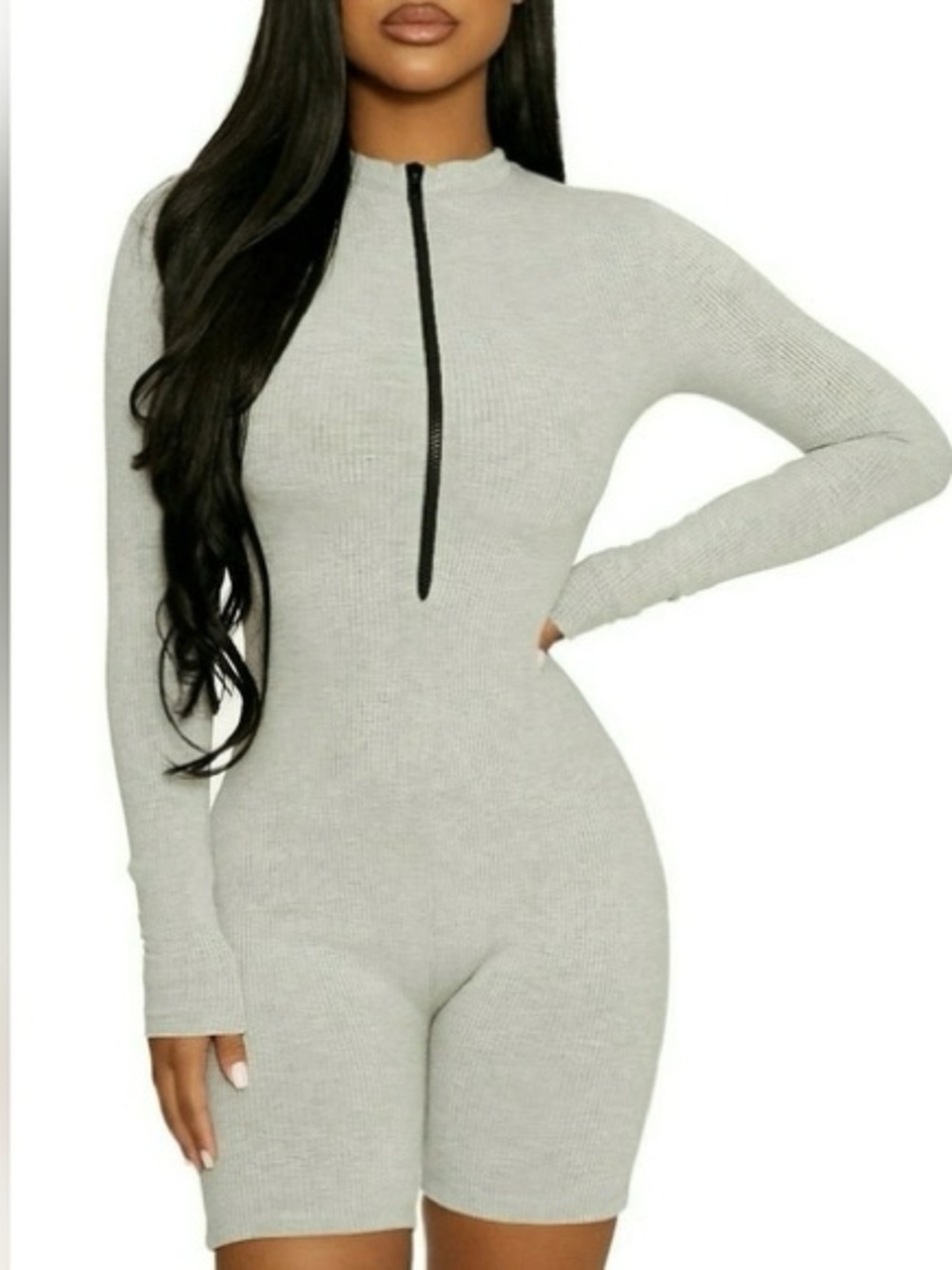 Naked wardrobe Light Gray Ribbed Long-Sleeve Zip Romper